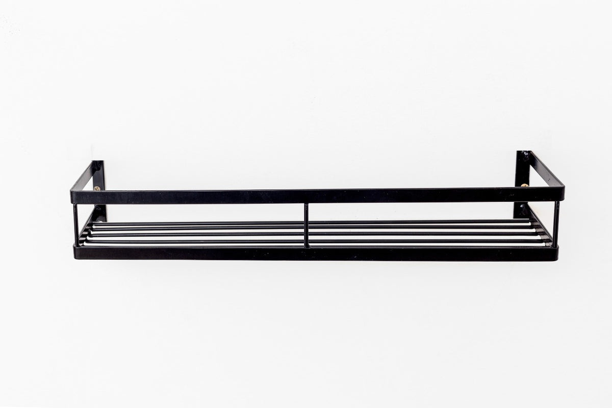 Prateleira preta de metal para banheiro com design moderno e minimalista