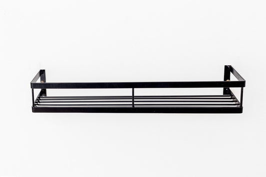 Prateleira preta de metal para banheiro com design moderno e minimalista