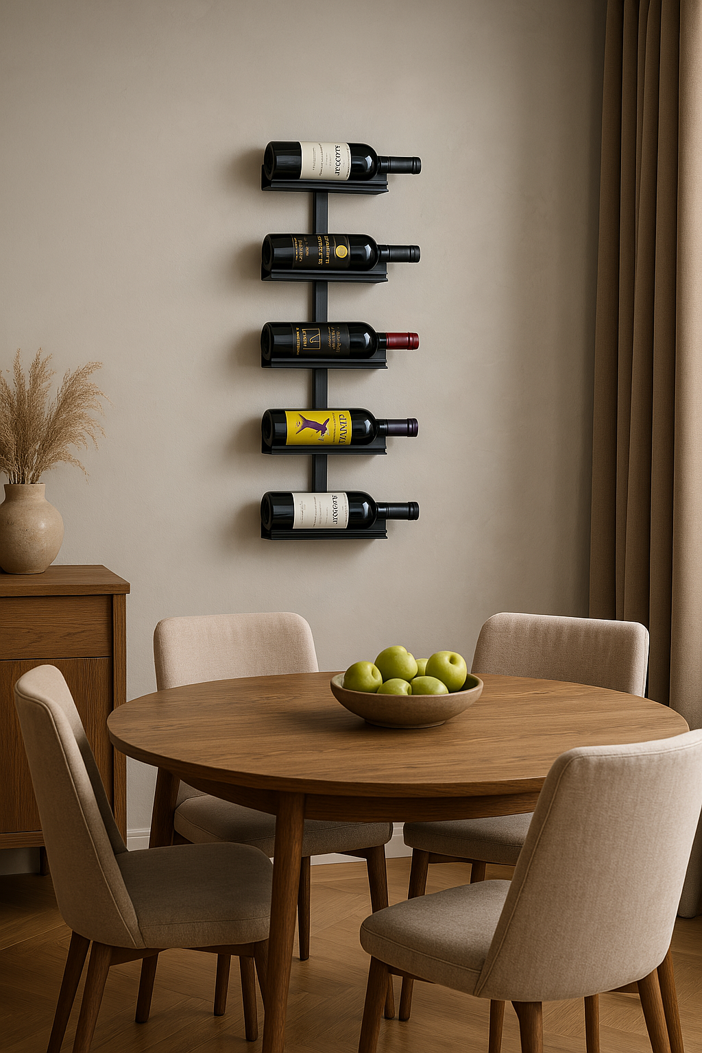 Prateleira de vinho preta moderna na parede, com garrafas, mesa de jantar de madeira e cadeiras estofadas em ambiente sofisticado