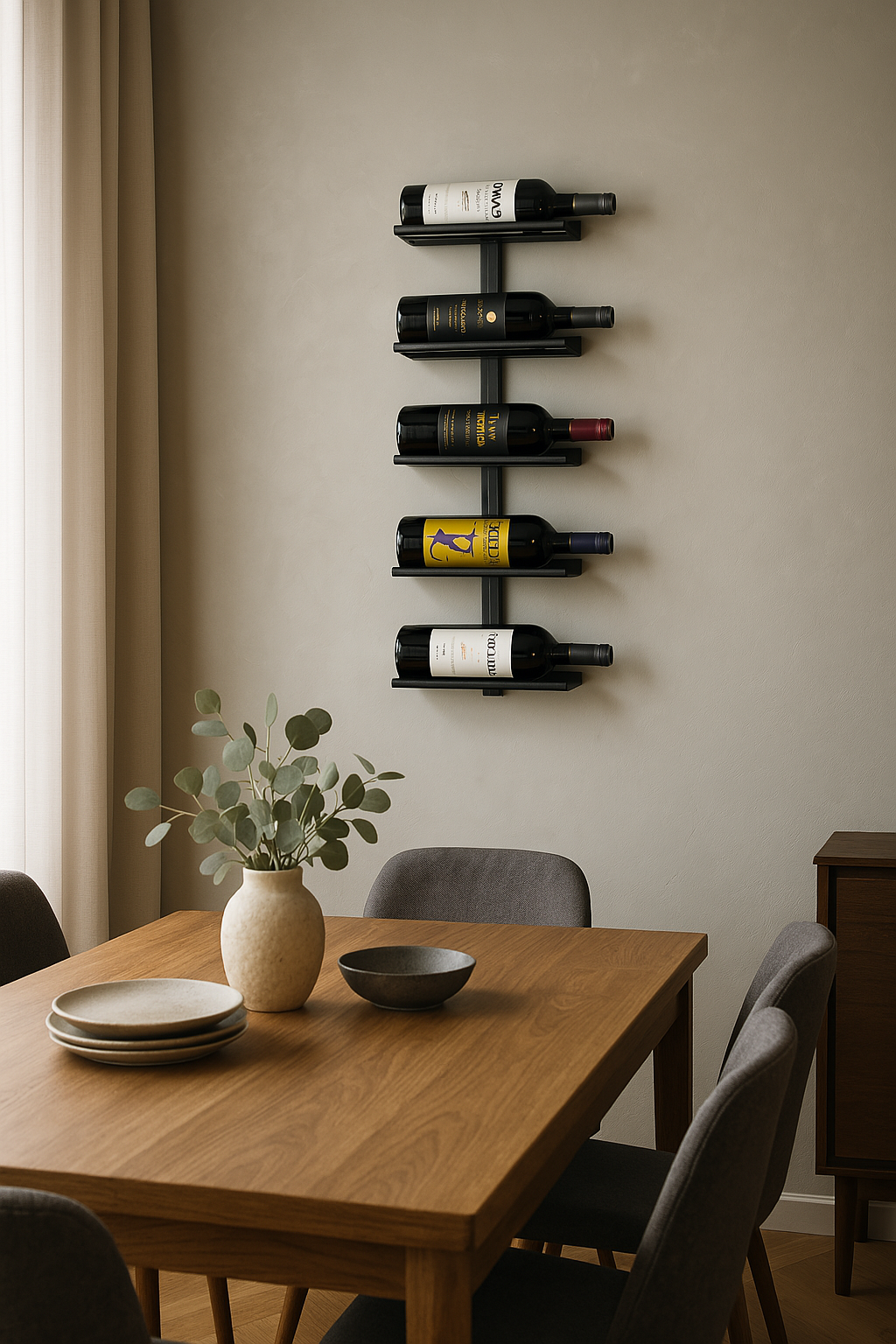 Estante de vinho moderna na parede com garrafas e mesa de jantar em madeira