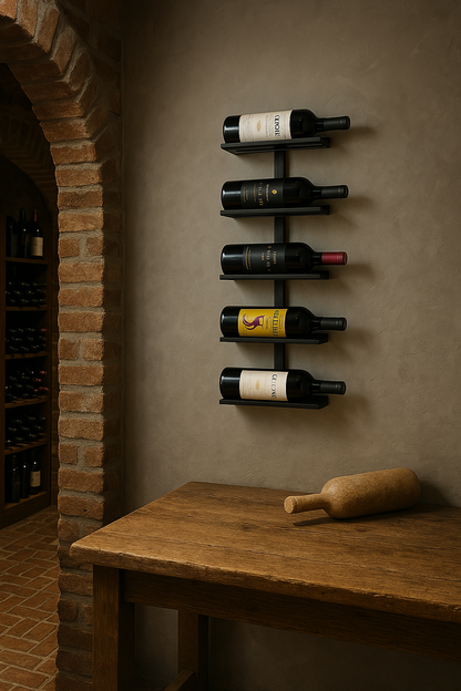 Estante de vinho moderna com garrafas em parede rústica e mesa de madeira
