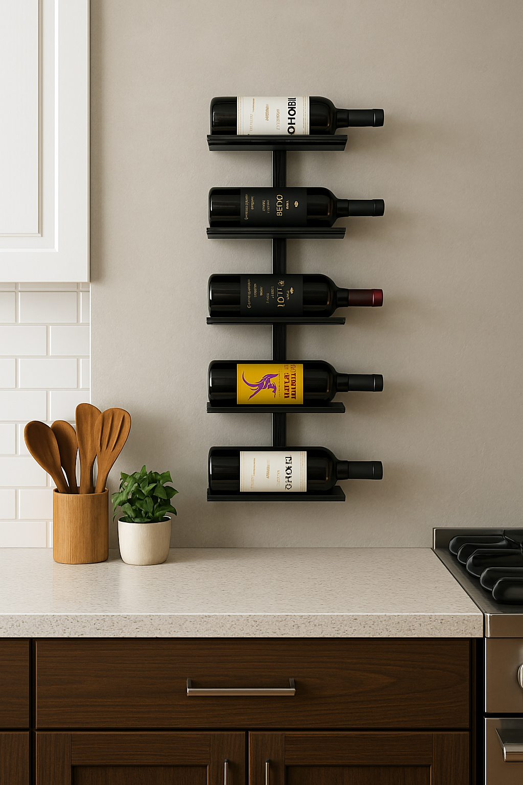 Suporte de vinho moderno na cozinha com garrafas organizadas e decoração minimalista