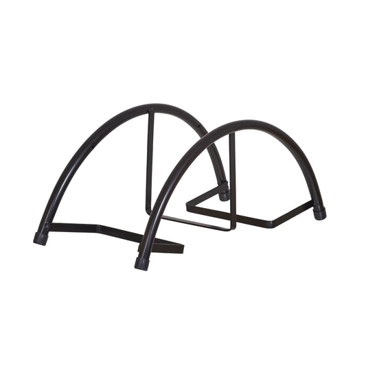 Suporte de bicicleta preto com design arqueado e base estável para armazenamento seguro