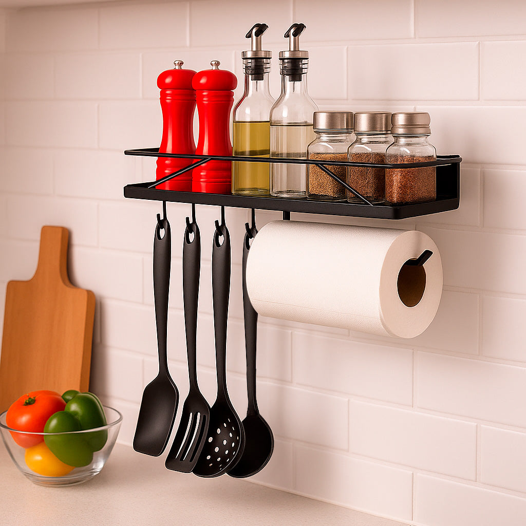 Organizador de cozinha com utensílios, temperos e papel toalha em prateleira preta