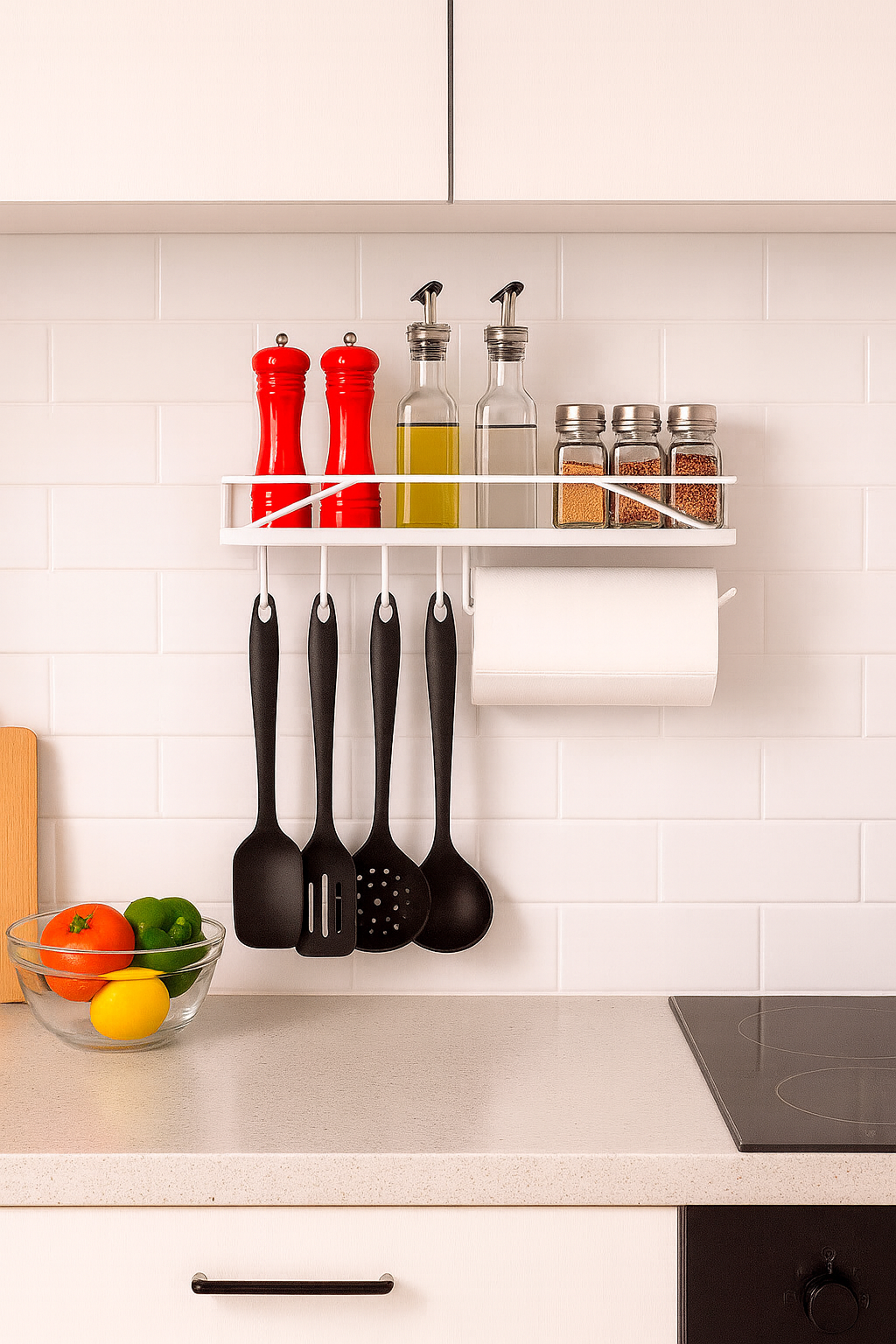 Organizador de cozinha com utensílios, temperos e frutas frescas em ambiente moderno