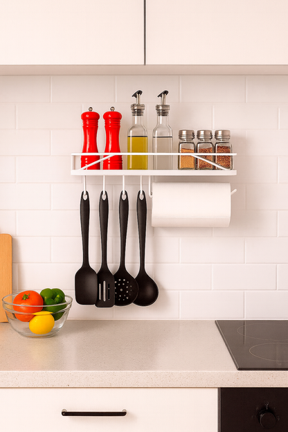 Organizador de cozinha com utensílios, temperos e frutas frescas em ambiente moderno